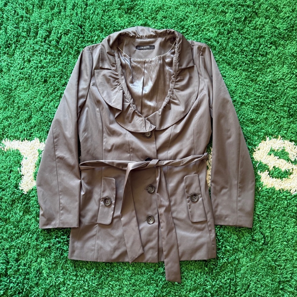Sandro Studio Womens Brown Trench Coat Ruffle Collar Belted Button Up‎ Jacket